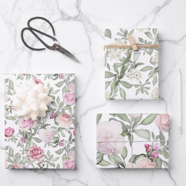 Feminine Pink Roses Aquarellfärbung Geschenkpapier Set (Vorderseite)
