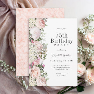 Feminine Pink Roses Floral 75. Geburtstagsparty Einladung