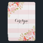 Feminine Pink Stripes Peonies Custom iPad Cover<br><div class="desc">Femininer und eleganter iPad Pro-Cover mit Illustrationen von rosafarbenen Pfannkuchen,  Blume und Blattwerk. Dieses rosa botanische iPad Pro Cover ist als personalisiertes Geschenk perfekt geeignet.</div>