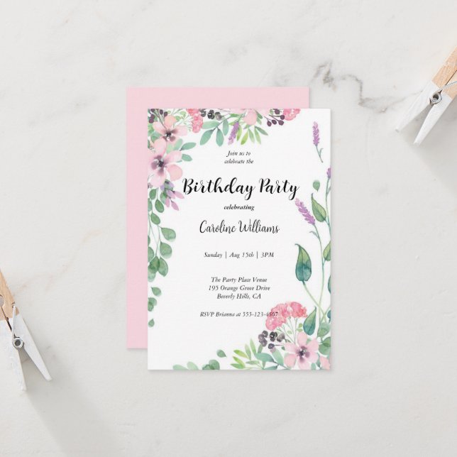Feminine Pink und Beige Blumengeburt Party Einladung (Vorderseite/Rückseite Beispiel)