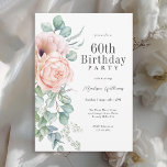 Feminine Pink und Beige Flora 60. Geburtstagsparty Einladung<br><div class="desc">Dieses hübsche, feminine Design aus Aquarellen, das an die Rose Rosa und Pfirsichfarben grenzt, ist eine wunderschöne Party Einladung, um einen 60. Geburtstag im eleganten Stil zu feiern. Der gesamte Text kann für Ihr Party personalisiert sein, auch für den Ehrengast. Diese Einladung steht als gedruckter und papierloser digitaler Download zur...</div>