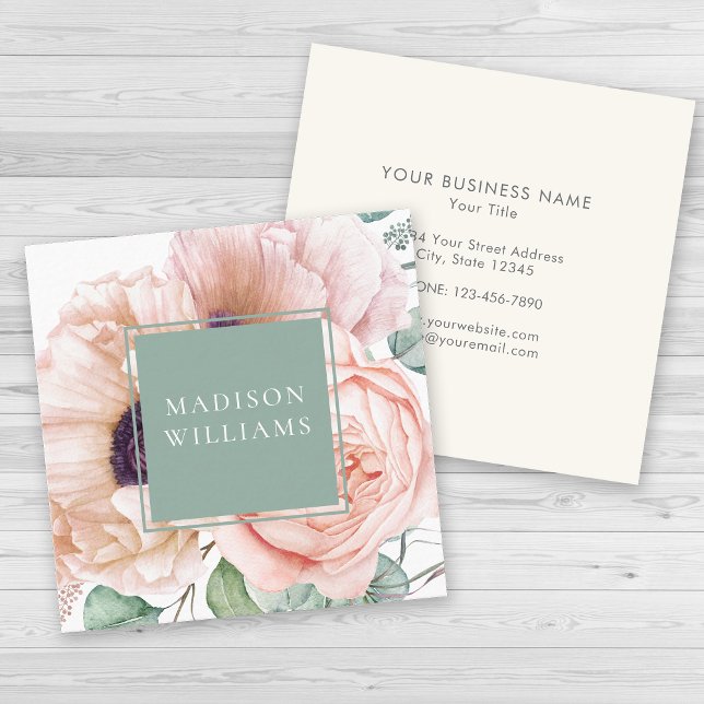 Feminine Pink und Beige Pfeffer Aquarellblume Quadratische Visitenkarte (Von Creator hochgeladen)