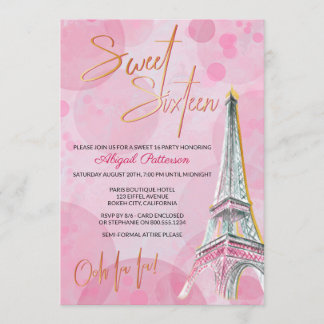 Feminine Pink und Gold Eiffelturm Paris Sweet 16 Einladung