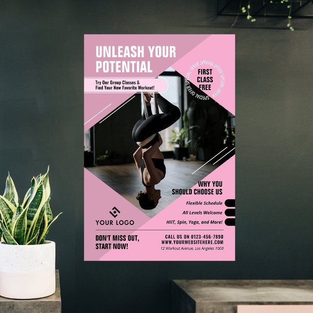 Feminine Pink Yoga Studio Logo Marketing Fitness Poster (Von Creator hochgeladen)