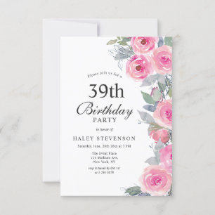 Feminine Pinke Wasserfarbe Floral Chic 39. Geburts Einladung