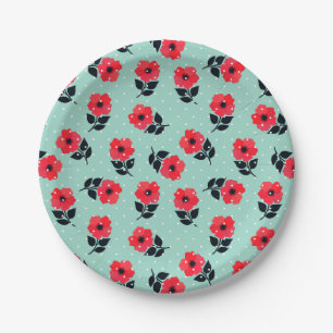 Feminine Red Floral Mint Polka Dots Design Pappteller
