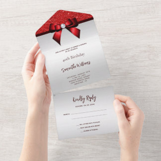 Feminine Red Gem Bow & Glitzer Geburtstag All In One Einladung
