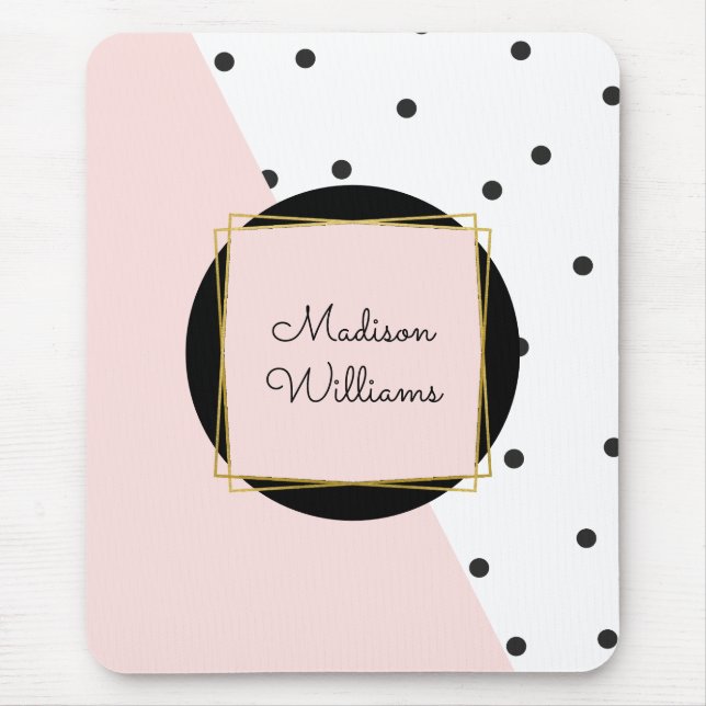 Feminine rosa Farbe Polka Punkte mit Namen Mousepad (Vorne)