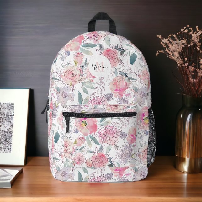 Feminine rosa geätzte Blüte mit Monogramm Bedruckter Rucksack (Von Creator hochgeladen)