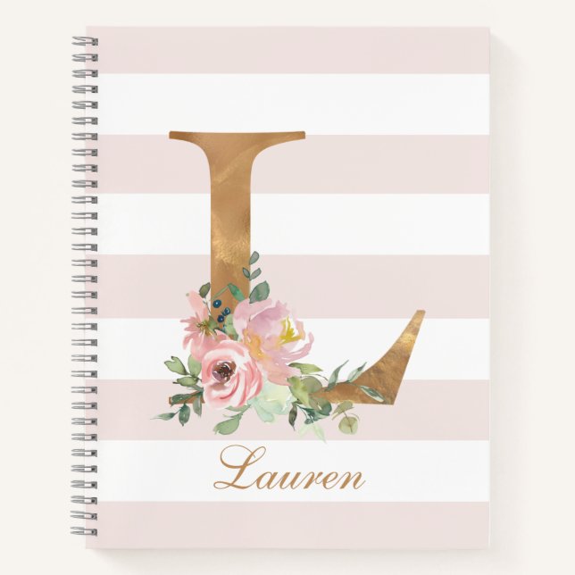 Feminine Rosa Streifen Blumengold Personalisiert Notizbuch (Vorderseite)