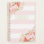 Feminine rosa Streifen und Peonys Custom Planner Planer<br><div class="desc">Feminine und elegante Planer Illustrationen von rosafarbenen Pfannkuchen, Blume und Blattwerk. Dieser rosa botanische Planer ist ein personalisiertes Geschenk.</div>