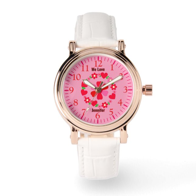 Feminine rosa und rote blumenreiche Herzen, anpass Armbanduhr (Vorderseite)