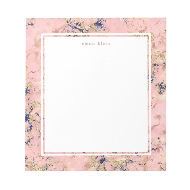 Feminine Rose Gold Blush Pink Blauer Marmorname Notizblock (Vorderseite)
