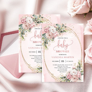 Feminine Roségold-Blumen-Eukalyptus-Baby-Party  Einladung
