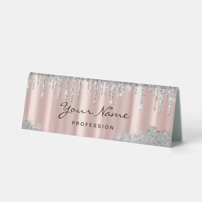 Feminine RoseGold Silber Glitter Tropfen Name, Ber Tischaufsteller (Vorderseite)