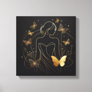 Feminine Silhouette mit goldenen Schmetterlingen S Leinwanddruck