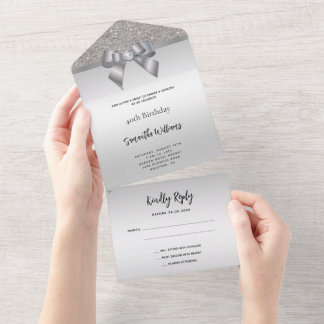 Feminine Silver Gem Bow & Glitzer Geburtstag All In One Einladung