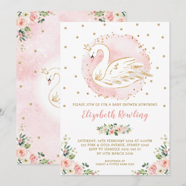 Feminine Swan Princess Pink Gold Baby Dusche Einladung (Vorne/Hinten)