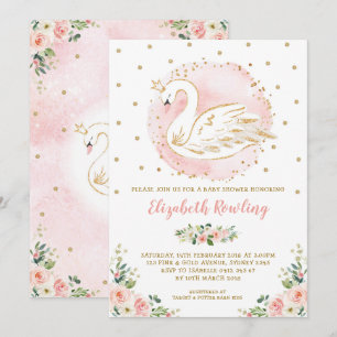 Feminine Swan Princess Pink Gold Baby Dusche Einladung