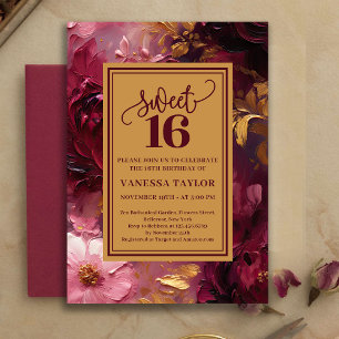 Feminine Sweet Sixteen Burgunderrot Florale Golden Einladung