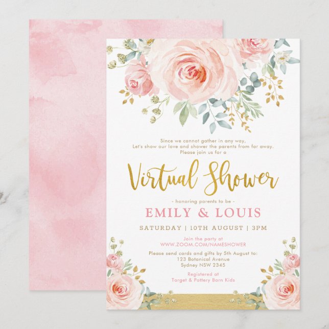 Feminine Virtual Baby Dusche Blush Pink Gold Rose Einladung (Vorne/Hinten)