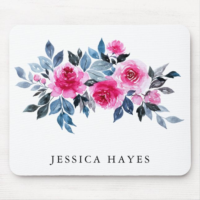 Feminine Wasserfarbenfloral mit Ihrem Namen Mousepad (Vorne)