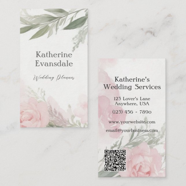 Feminine Watercolor Pink Peonies Wedding Planner Visitenkarte (Vorne/Hinten)