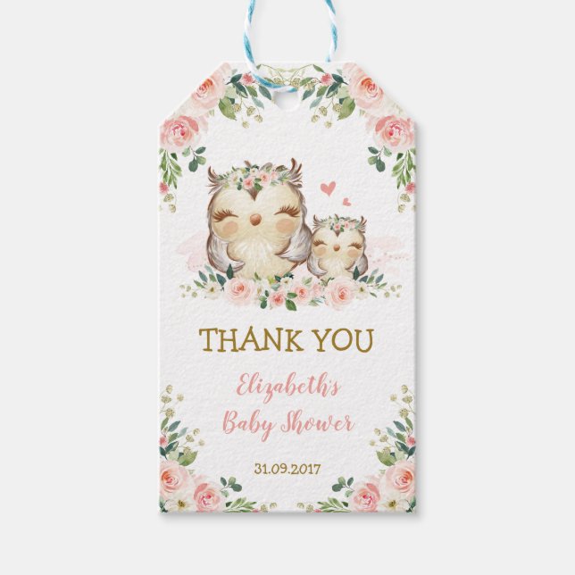 Feminine Woodland Owl Pink Bläserbaby Dusche Geschenkanhänger (Vorderseite)