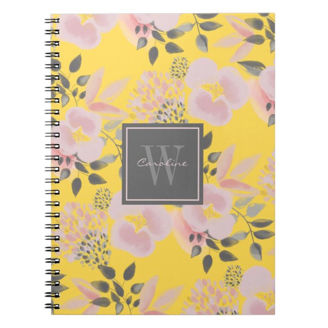 Feminine Yellow Pink Gray Floral with Monogram Notizblock (Vorderseite)