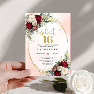Femininer Boho-Burgunder-Gold-Blumen-Sweet Sixteen Einladung