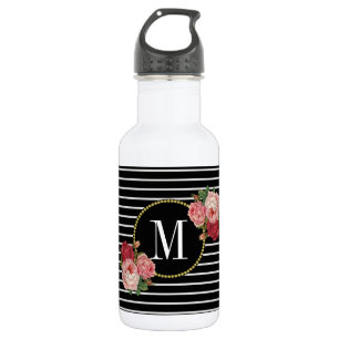 Femininer Boho-eleganter schwarzer Blumen- Monogra Edelstahlflasche