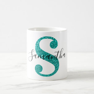 Femininer funkelnder Türkis Glitter-Buchstabe S Mo Kaffeetasse