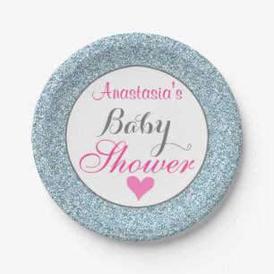 Femininer Glam Rosa Hellblau Glitzer Baby Shower Pappteller