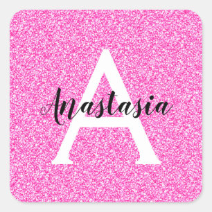 Femininer Glamour Heißrosa Glitter Funken Monogram Quadratischer Aufkleber
