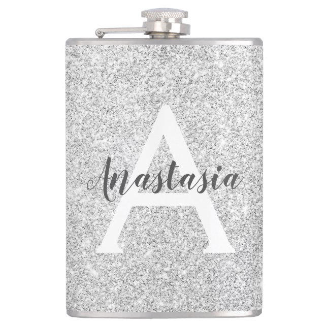Femininer Glamour Silber Glitter Funkeln Monogramm Flachmann (Vorderseite)