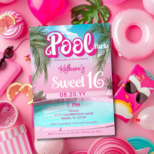 Femininer Helles Rosa Poolparty Süße 16 Sechzehn Einladung