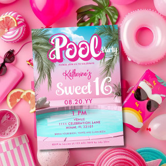 Femininer Helles Rosa Poolparty Süße 16 Sechzehn Einladung