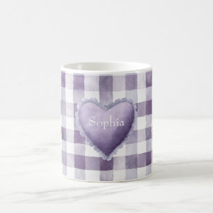 Femininer lila weiß karierter Streifen Herz Name Kaffeetasse