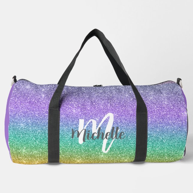 Femininer Regenbogen-Faux-Glitter-Monogramm-Name-S Duffle Bag (Vorderseite)