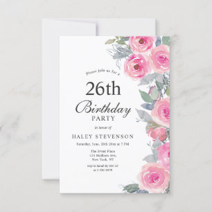 Femininer Rosa Aquarell-Blumen Chic 26. Geburtstag Einladung
