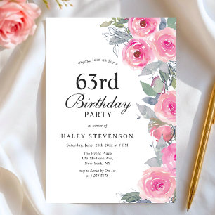 Femininer Rosa Aquarell-Blumen Chic 63. Geburtstag Einladung