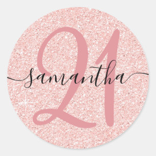 Femininer Rosa-Gold-Faux-Glitter personalisiert 21 Runder Aufkleber