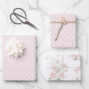 Femininer Rosa Weiß gepunktete Blumen Geburtstag Geschenkpapier Set
