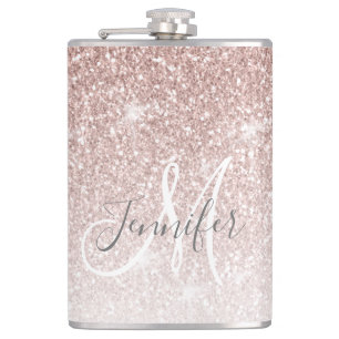 Femininer roségoldfarbener Glitter Monogramm Jungg Flachmann