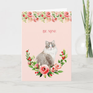 Femininer Valentinstag mit rosa Blumenkatze Karte