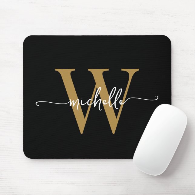 Feminines Elegantes Schwarz Gold Monogramm Namenss Mousepad (Mit Mouse)