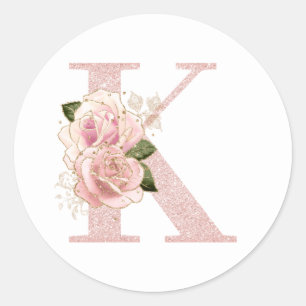 Feminines Monogramm K aus roségoldenem Glitter mit Runder Aufkleber