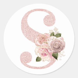 Feminines Monogramm S in Rosa-Gold-Glitter mit flo Runder Aufkleber