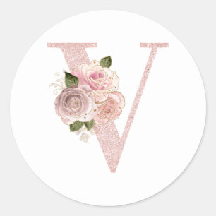 Feminines Monogramm V in Rosa-Gold-Glitter-Blumen Runder Aufkleber