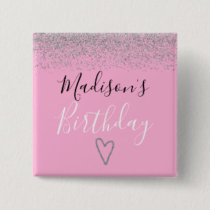 Feminines Pink Silber Glitter Funkeln Herz Geburts Button